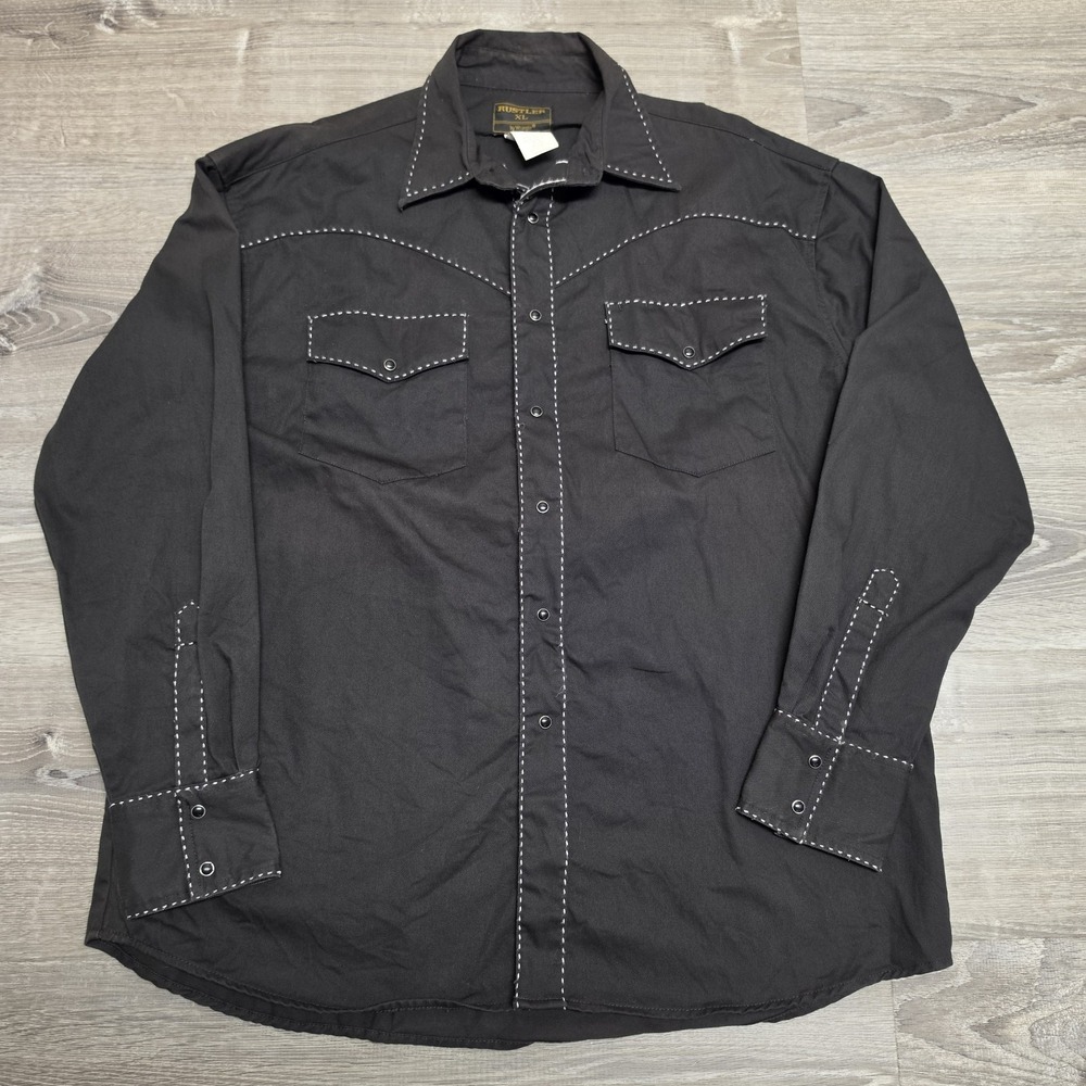 Wrangler Rustler Pearl Snap Shirt Mens XL Black Western Heavy Canvas Cowboy EUC